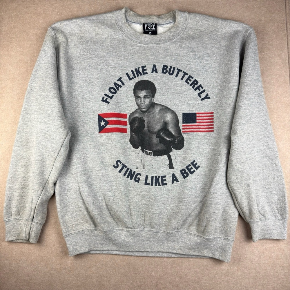 Worn Free Muhammad Ali Sweatshirt Men M‎ Gray Float Like Butterfly Quote Boxing